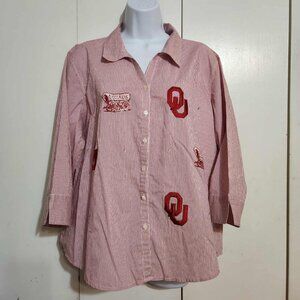 Large Oklahoma Sooners Red/White Striped 3/4 Sleeve Button Up Collared Shirt